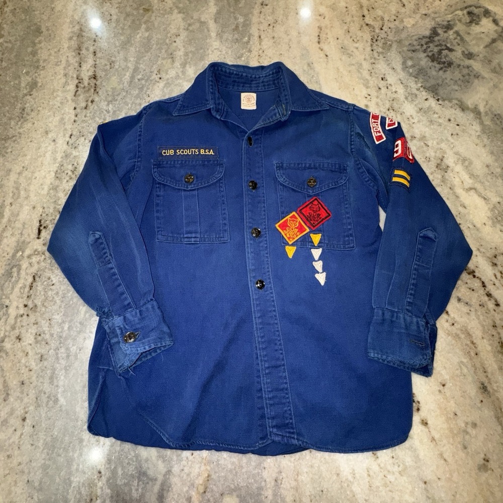 VTG 80s Official Boys Scout Of America Uniform Shirt Patches Blue Collins Sz S